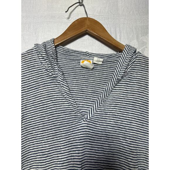 C&C California 100% Linen Shirt XL Blue White Striped Hooded Roll Tab Sleeves - Picture 4 of 10